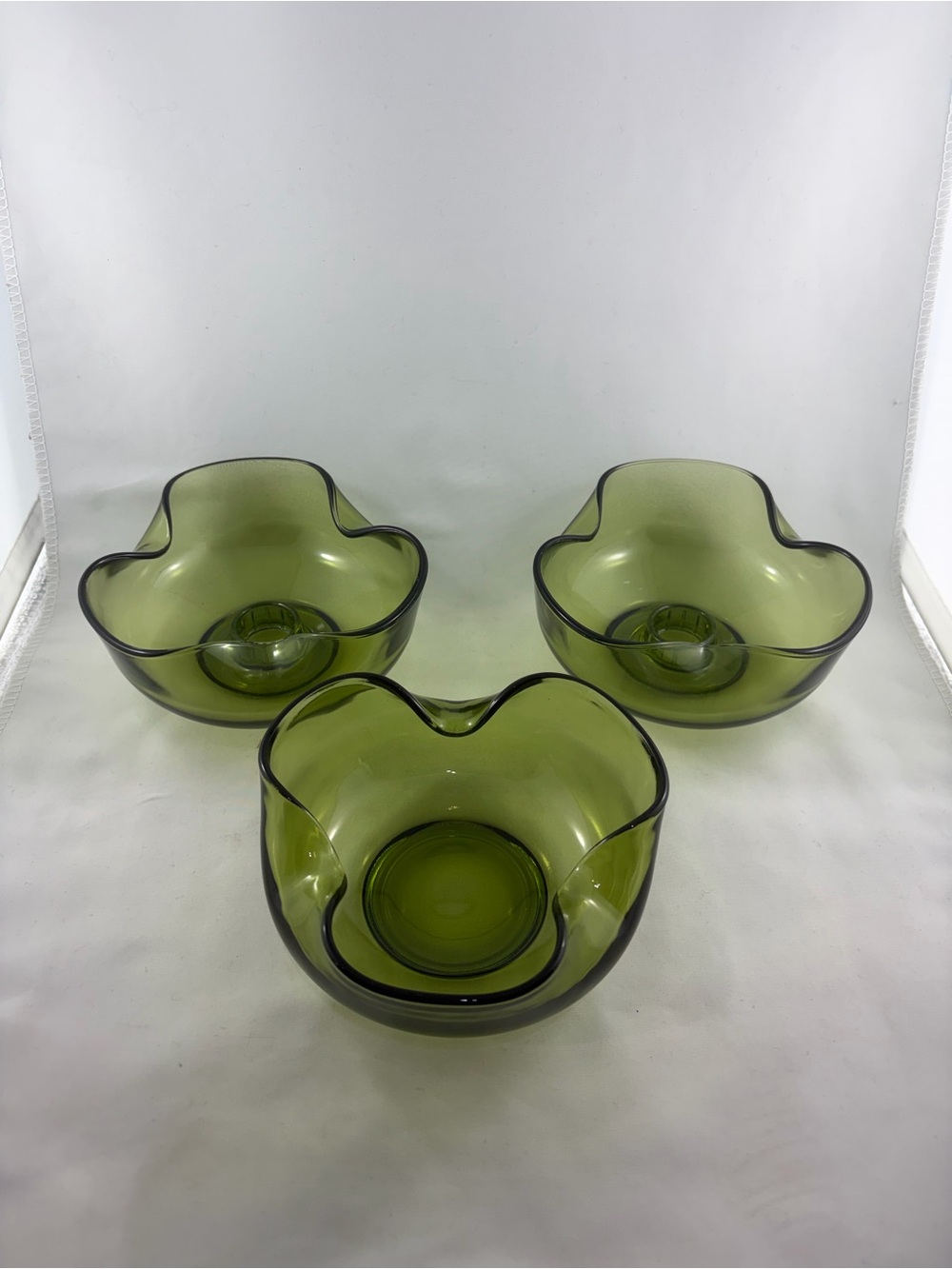 Vintage Indiana Glass Duette Tri-Fold Bowls Candle Holders Avocado Green Set